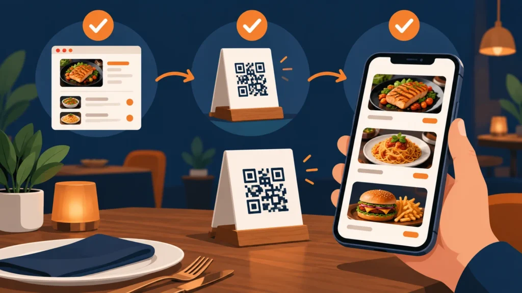 هاتف يعرض قائمة طعام رقمية ورمز QR على حامل طاولة يشرح خطوات عمل منيو إلكتروني للمطعم