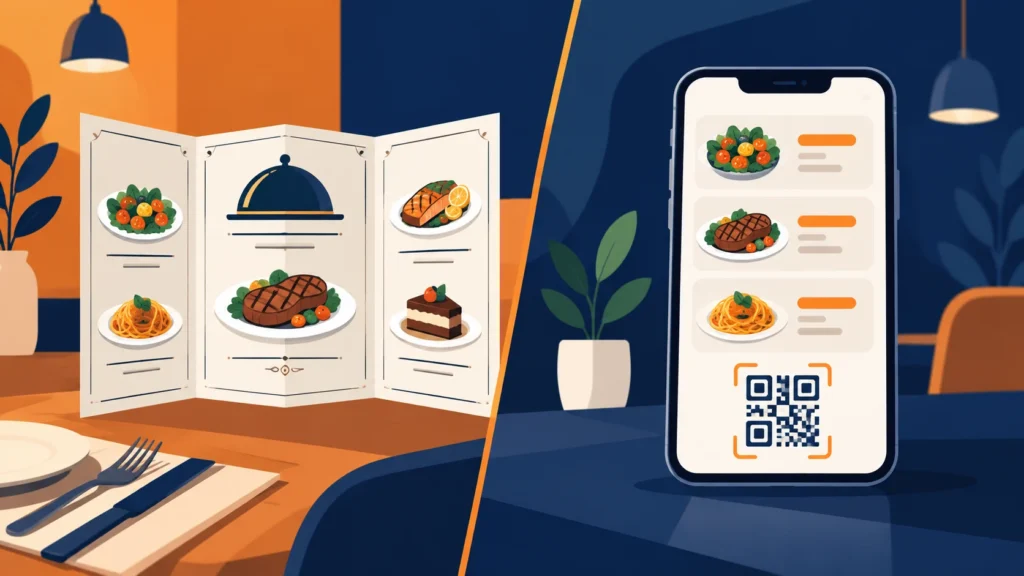 قائمة طعام ورقية بجانب قائمة إلكترونية على هاتف برمز QR للمقارنة بين المنيو الورقي والإلكتروني