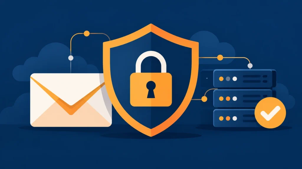 درع بقفل ومغلف وخادم يرمز لحماية بريد الشركة بإعدادات SPF وDKIM وDMARC